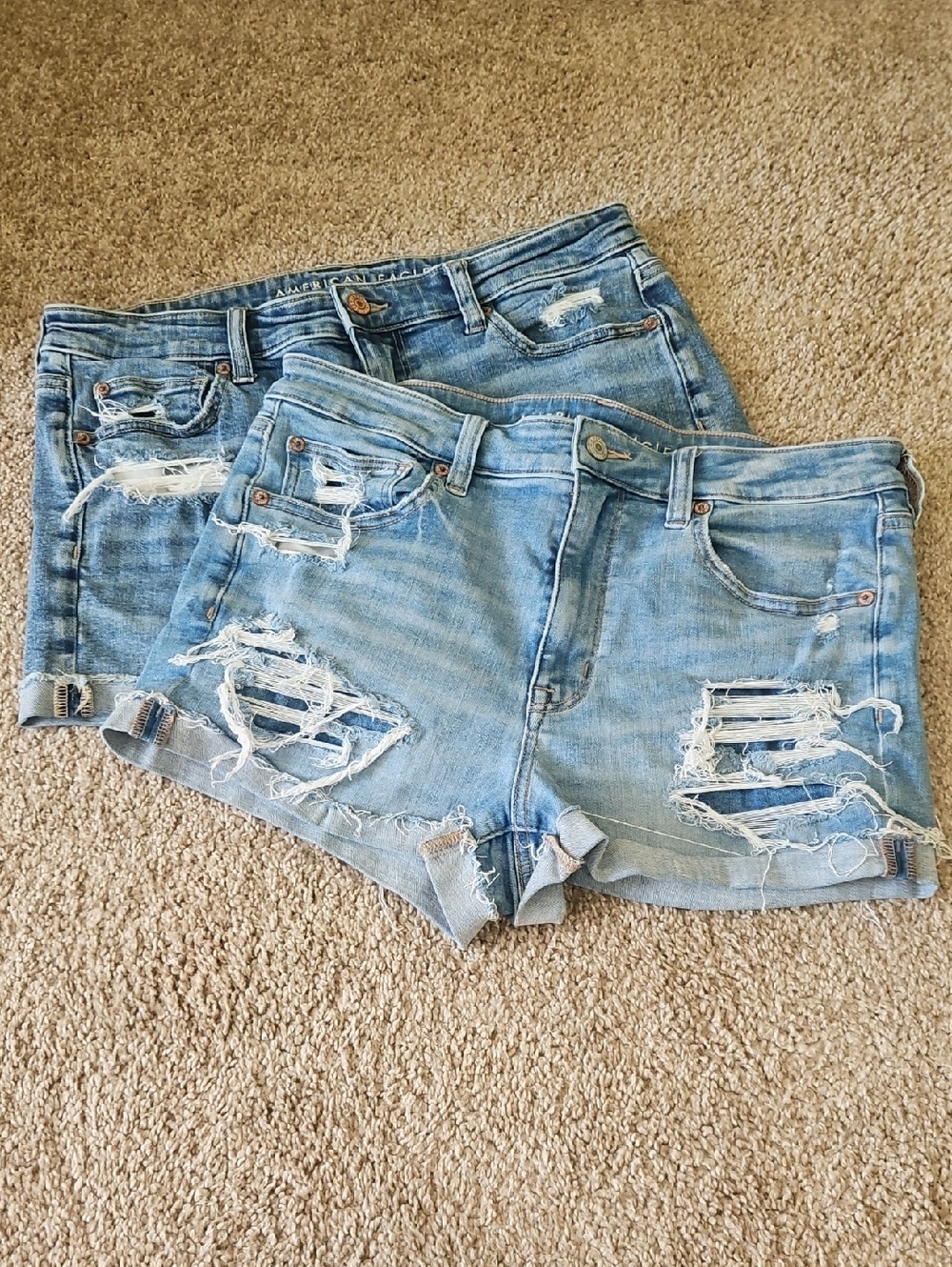 AE Light Blue Distressed Denim Shorts Set - Women